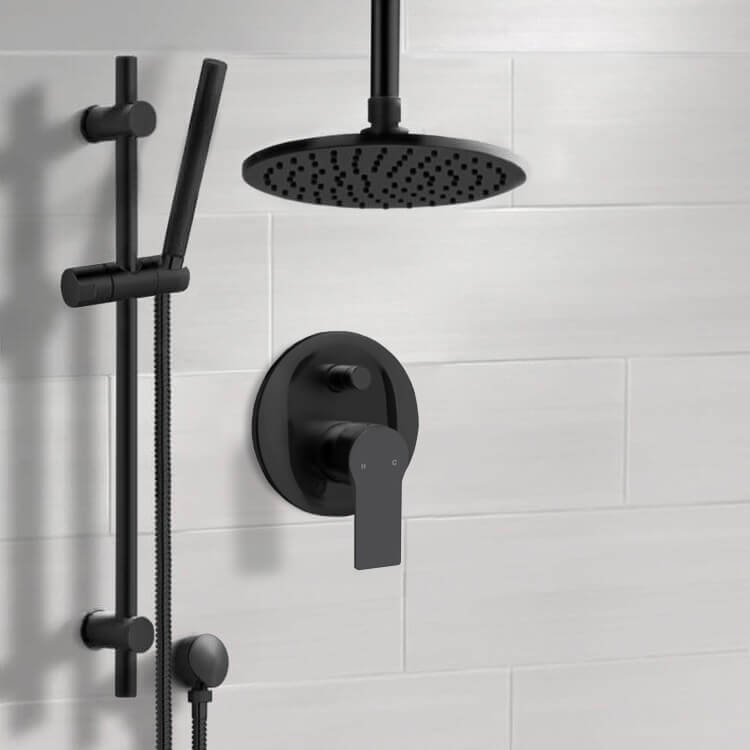 Remer SFR86 Matte Black Shower Set With 8 Inch Rain Ceiling Shower Head and Hand Shower